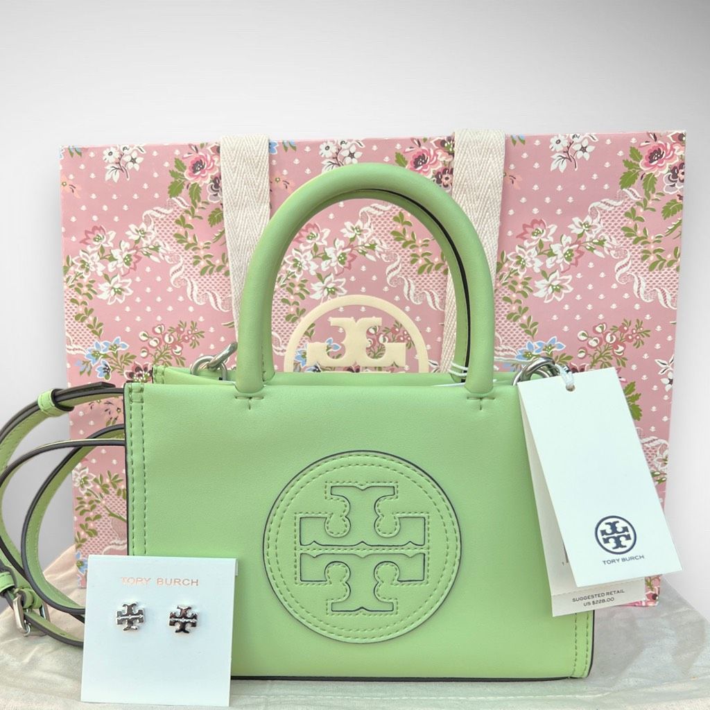 Nwt Tory Burch Mini Ella Bio Tote Mint Leaf Crossbody & Silver Kira Studs